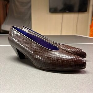 Phyllis Poland Brown Woven Leather Pumps Women's Size 8 1/2 Made In Italy